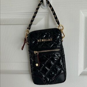 EUC MZ Wallace Glossy Black Gold Quilted mini clutch